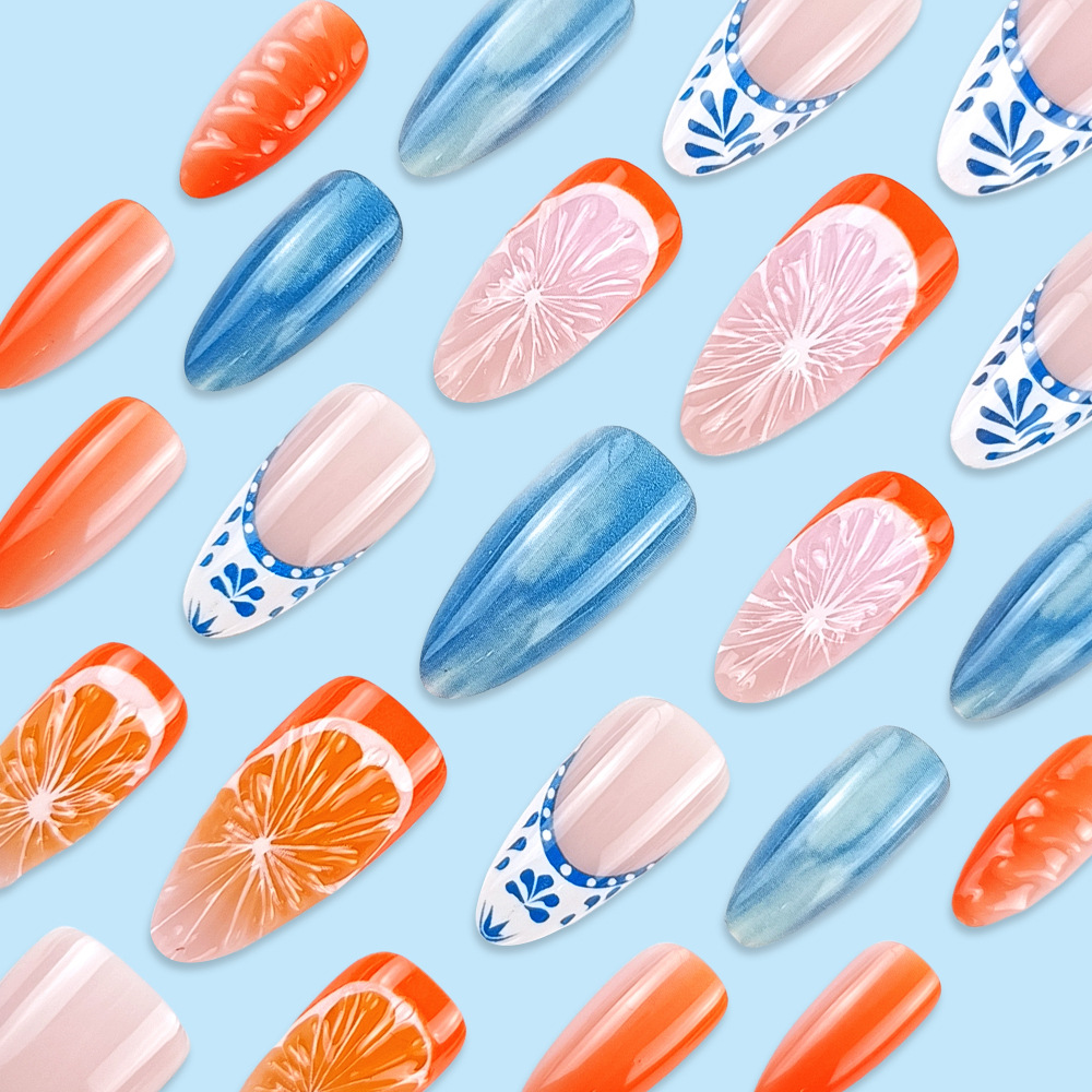 Explosión de verano de uso de uñas de alta calidad naranja fresca 3D tridimensional uñas de manicure comerciales comerciales más vendidas uñas