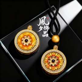 新中式国风珐琅彩可旋转罗盘吊坠古法花丝烧蓝罗盘复古黑绳链挂坠