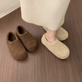 韩版百搭一脚蹬毛毛鞋女外穿秋冬加绒豆豆鞋全包勃肯鞋保暖棉瓢鞋