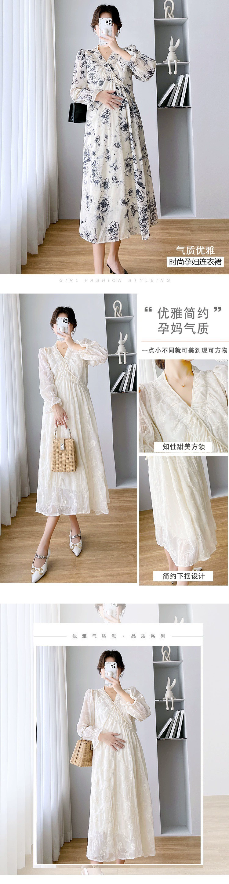 Vestido de maternidad blanco largo con cuello en V