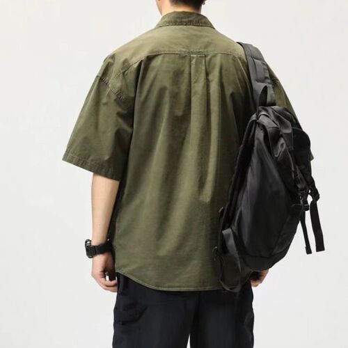 Ins trend brand functional five-pocket short-sleeve work shirt for men, Korean style loose couple casual half-sleeve military green