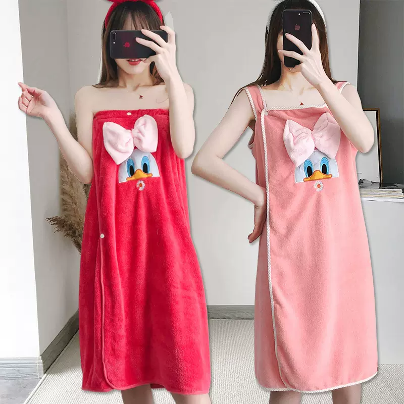 厂家珊瑚绒可穿浴巾裙吊带憨憨鸭加厚加大柔软吸水浴裙卡通毛巾