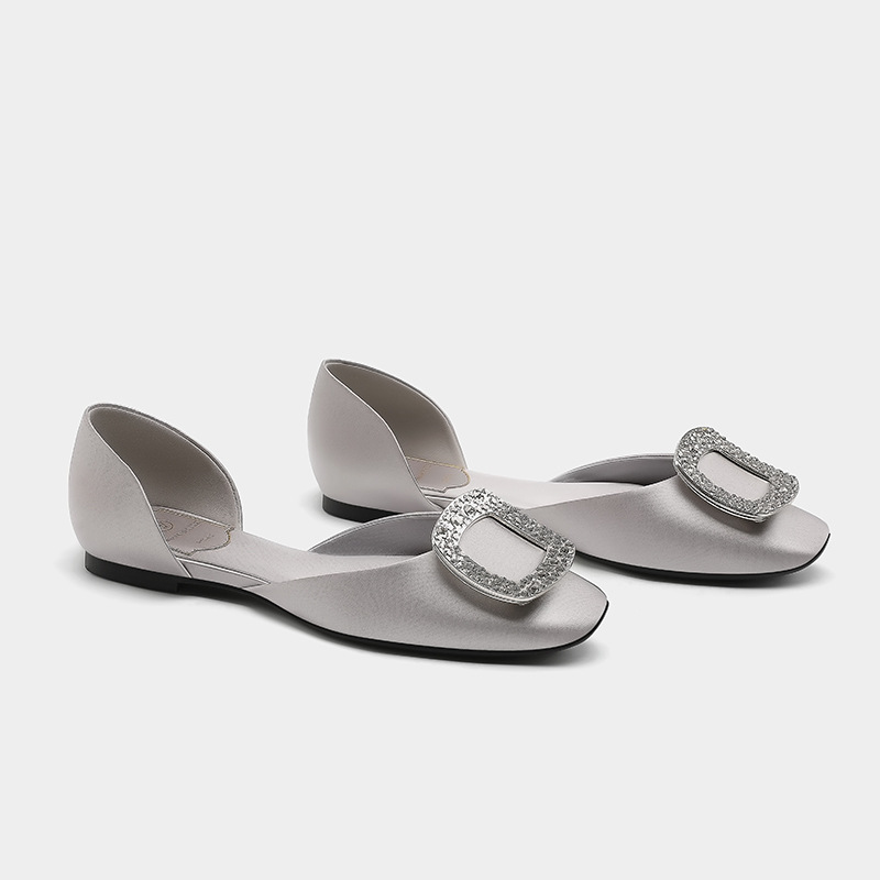 Rv Rhinestone Wedding Shoes with Square Buckle, Flat Shoes, 2026 New Model, Satin Round-Toe Shallow Hollow Comfortable Single Shoes for Women, Ballet Style