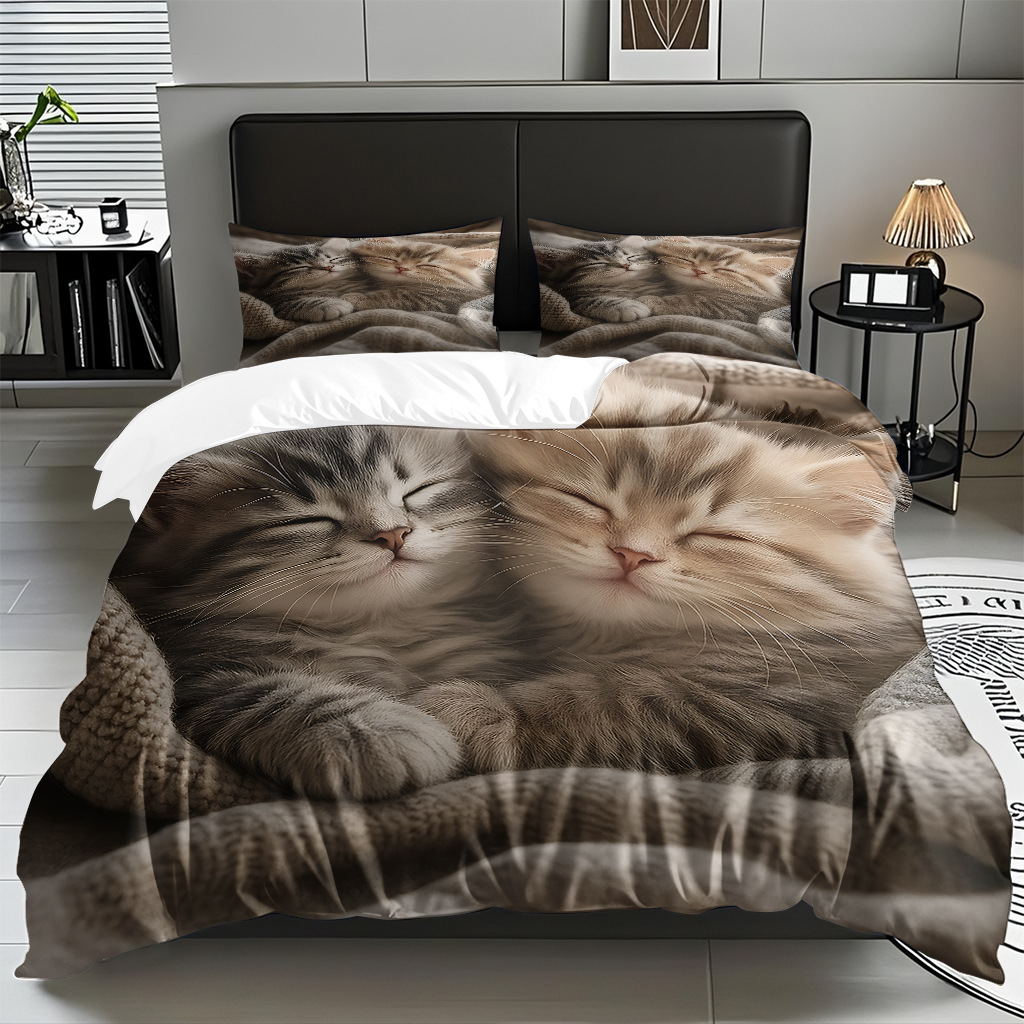 TEMU / JIT adorable gatito impresión digital suave set de colcha de edredón textil para el hogar se puede diseñar venta directa de fábrica