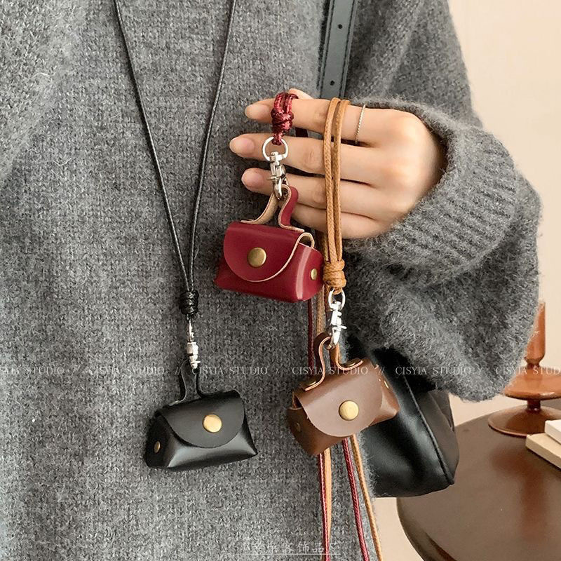 Small Leather Cute Coin Necklace Pendant Sweater Leather Cord Headphone Chain Long Protective Cover Cosmetics Bag Accessories