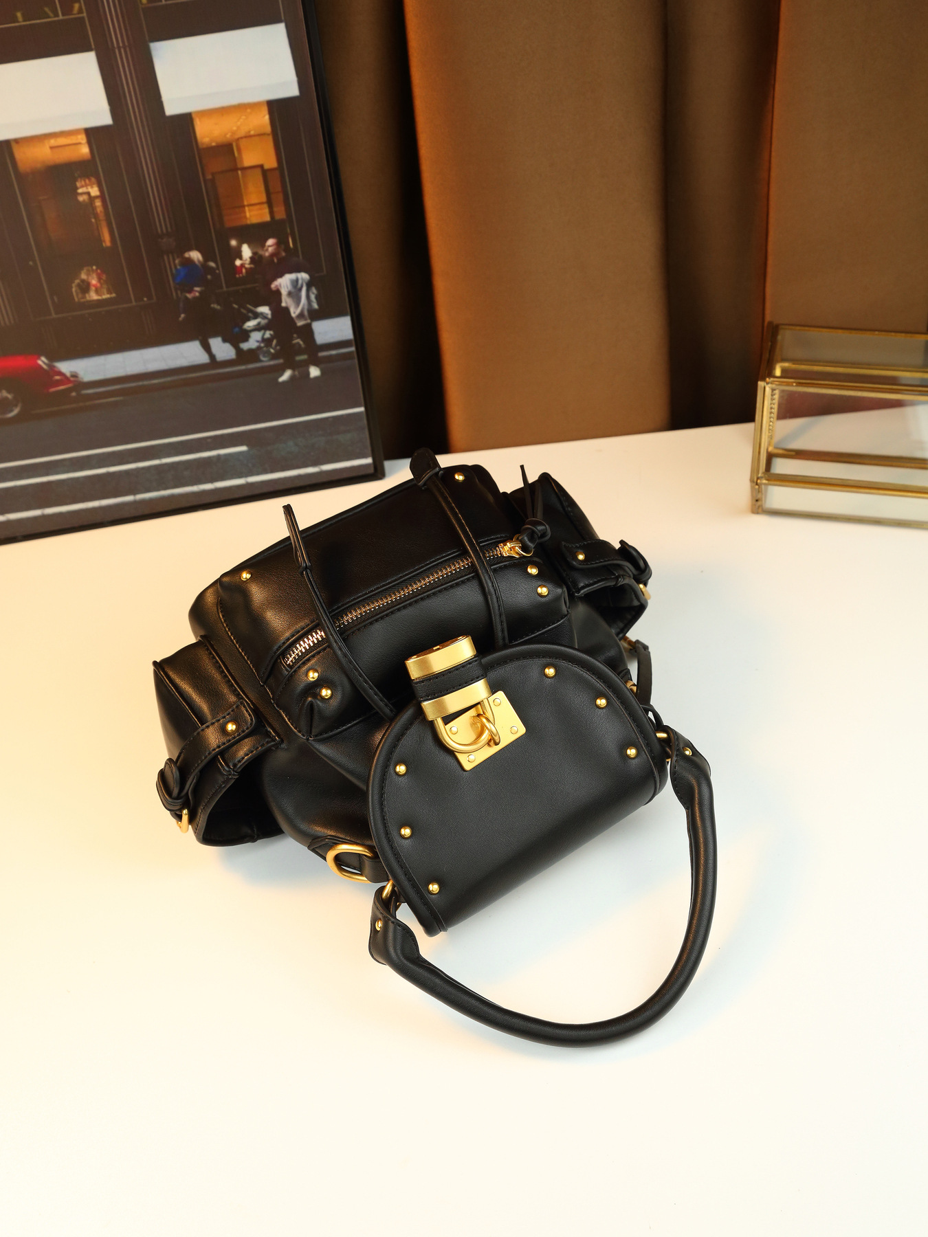 Borsa a mano retrò con lucchetto borchiato, media, multifunzionale, da donna, a tracolla, zaino da pendolare, in pelle PU con cerniera_voghion.com