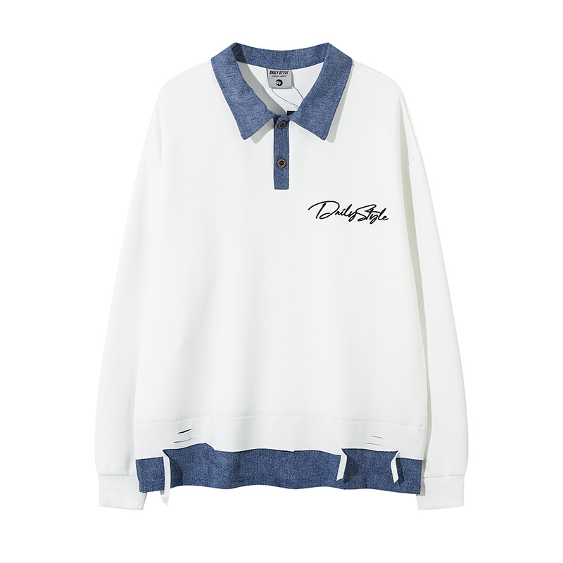 Men's Clothing college style denim collar splicing loose street niche two piece men's autumn design sweatshirt_voghion.com