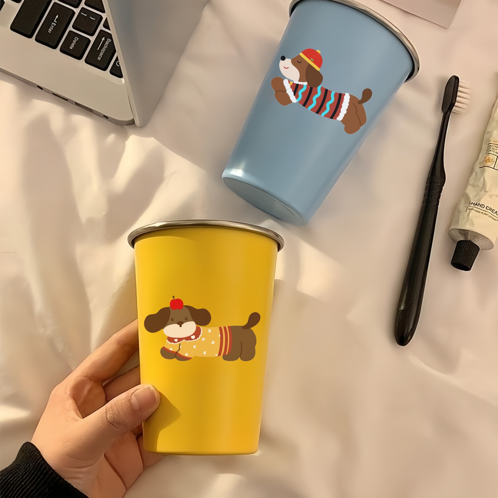 Nuevo lindo taza de enjuague de perro salchicha casero taza de cepillo de dientes taza de lavado taza de viaje de pareja de estudiantes taza de acero inoxidable