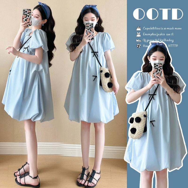 Платье для беременных, летнее платье, дизайн, свободная бутоны, платье с бантиком, маленькое сладкое платье с короткими рукавами