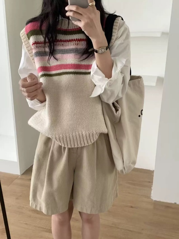 韩系圆领彩虹条纹女2025年秋冬新款女装时尚拼接针织衫简约高级感|undefined