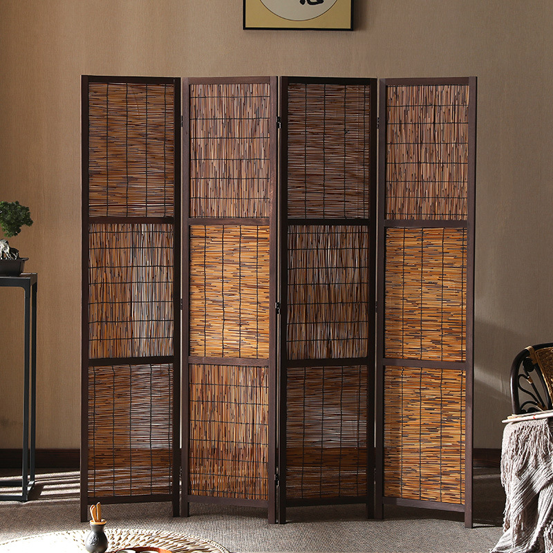 New Chinese Style Screen Partition Entrance Living Room Tea Room Hotel Zen Retro Nostalgic Folk Solid Wood Reed Screen M&