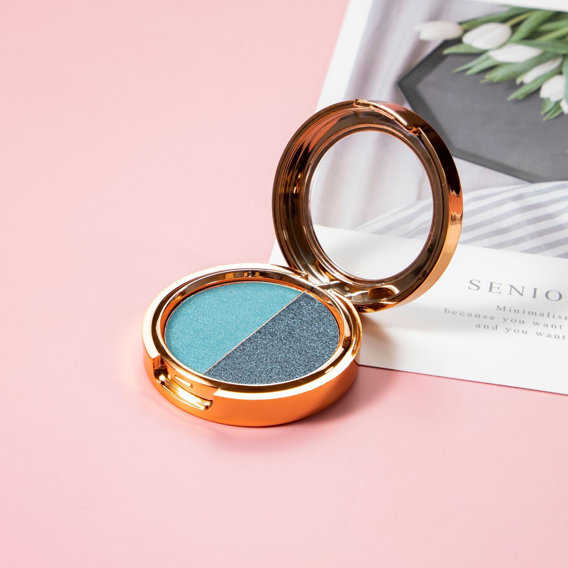 Maquillaje transfronterizo, sombra de ojos de dos colores, combinación de acabado nacarado en uno, paleta de sombras de ojos en polvo delicada y no voladora, multiusos