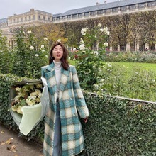 格子毛呢外套女中长款秋冬季新款英伦风加厚过膝系带呢子大衣