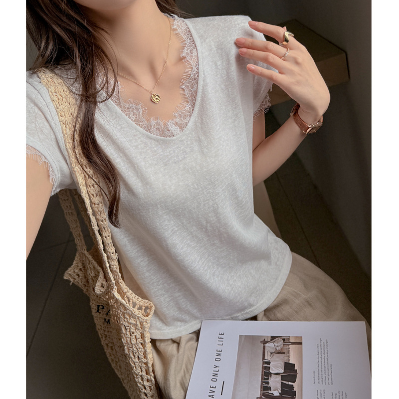 V-Neck Lace Splicing High-End Solid Color Loose Short-Sleeve T-Shirt for Women, Korean Style, Slimming and Covering, Summer Thin Top V-Neck Lace Splicing High-End Solid Color Loose Short-Sleeve T-Shirt for Women, Korean Style, Slimming and Covering, Summer Thin Top
