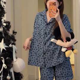 夏季婴儿棉家居服 女款翻领开衫 豹纹印花短袖短裤宽松睡衣