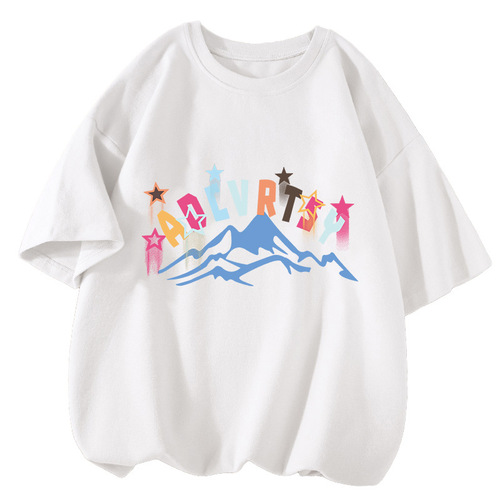 220g heavy-duty pure cotton summer short-sleeve T-shirt for girls, summer style, stylish half-sleeve, suitable for middle and large children, loose round neck top, trendy