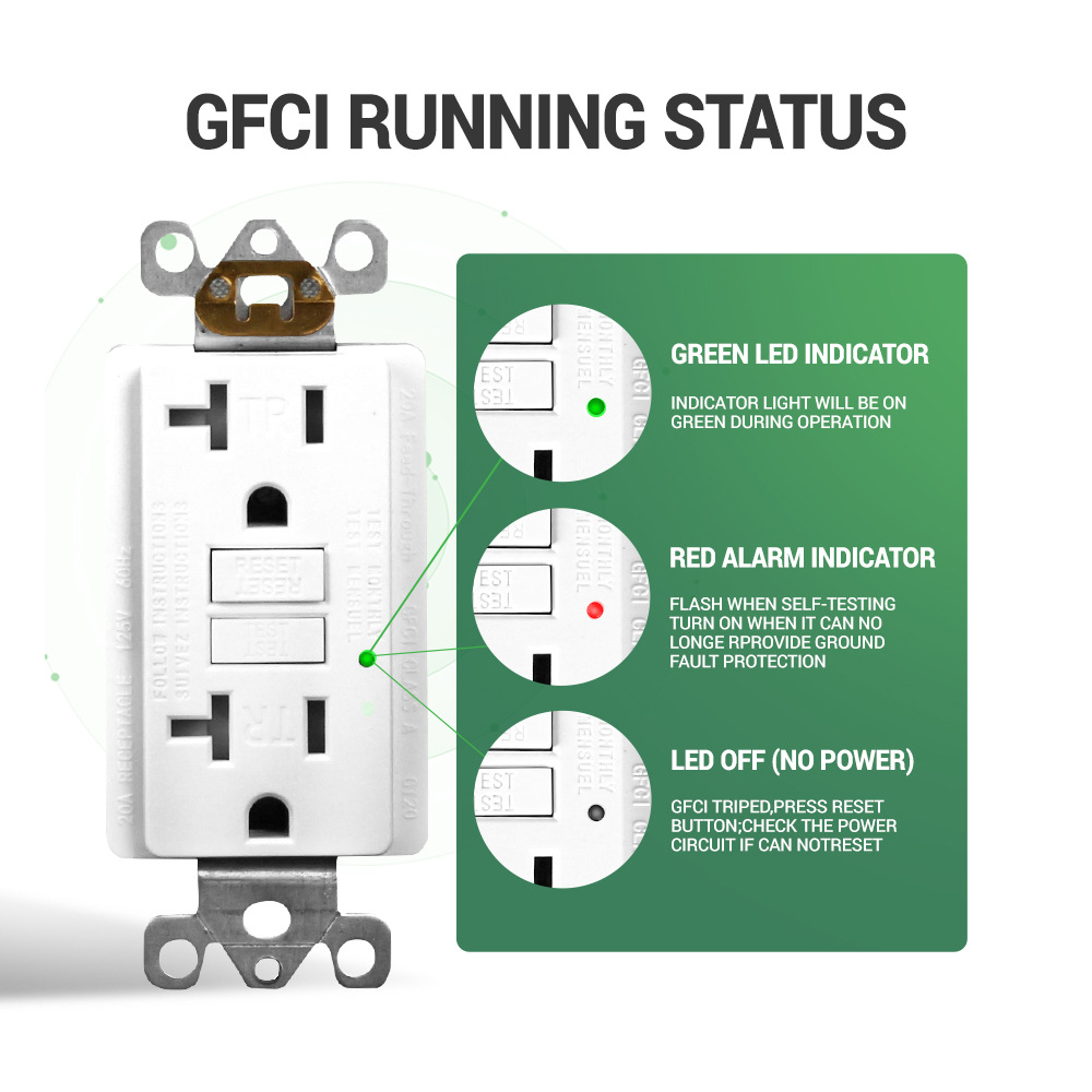 跨境美標美式漏電插座GFCI帶指示燈自檢15A 20A 接地故障保護GFCI