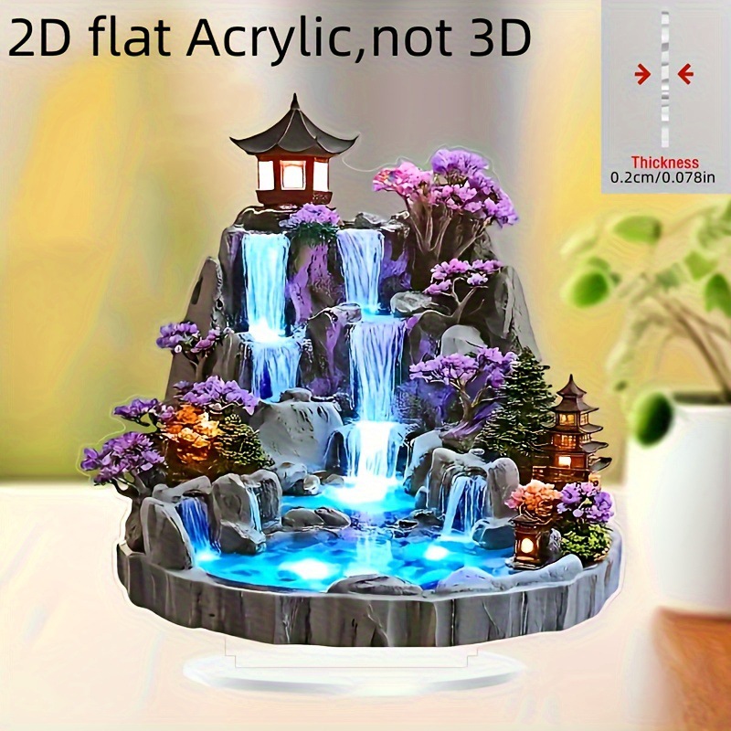 Decoración de mesa acrílica plana 2D montaña falsa decoración de agua corriente fuente sala de estar rueda de agua circular sala de estar pendulum de mesa