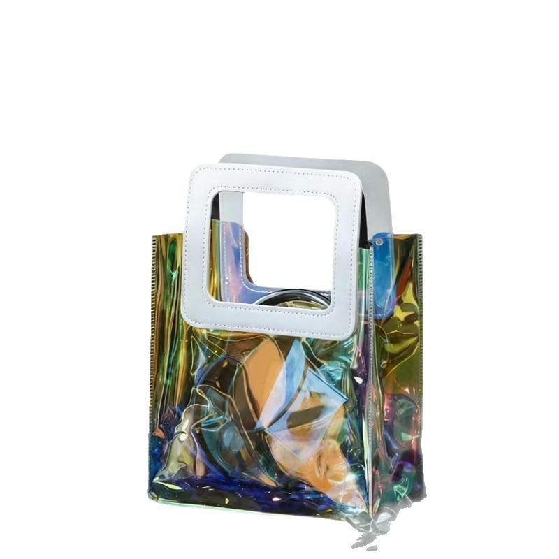 Bolso de mano holográfico transparente de plástico PVC, impreso a medida con el logotipo publicitario de la empresa, bolsa de regalo colorida hecha a medida.