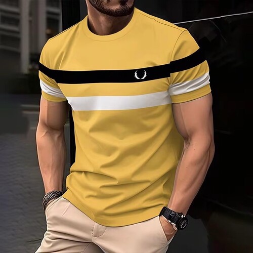 Minimalist Geometric Color-block Striped 3D Print Men's High Street Summer Loose Mesh Breathable Crew Neck T-shirt