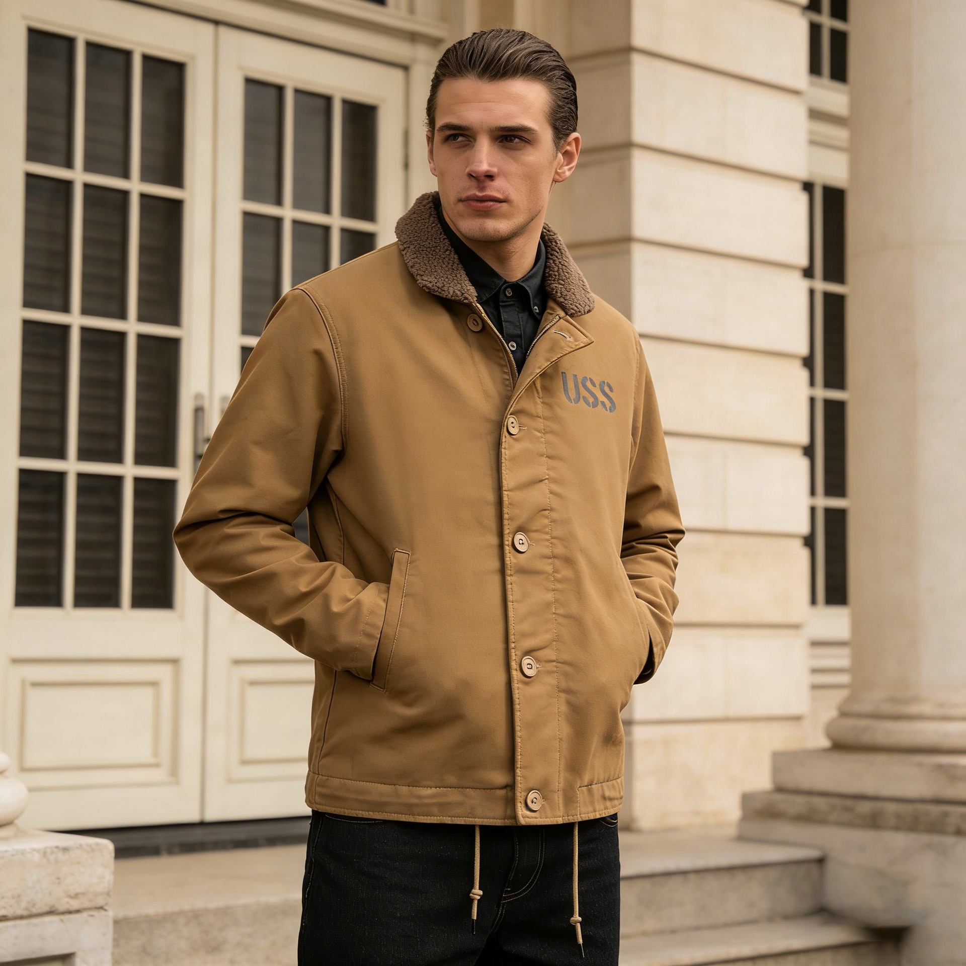 OKONKWO Navy carta impresión N-1 CHAQUETA portaaviones CUBIERTA traje CUBIERTA CHAQUETA de lana de cordero de algodón acolchado CHAQUETA