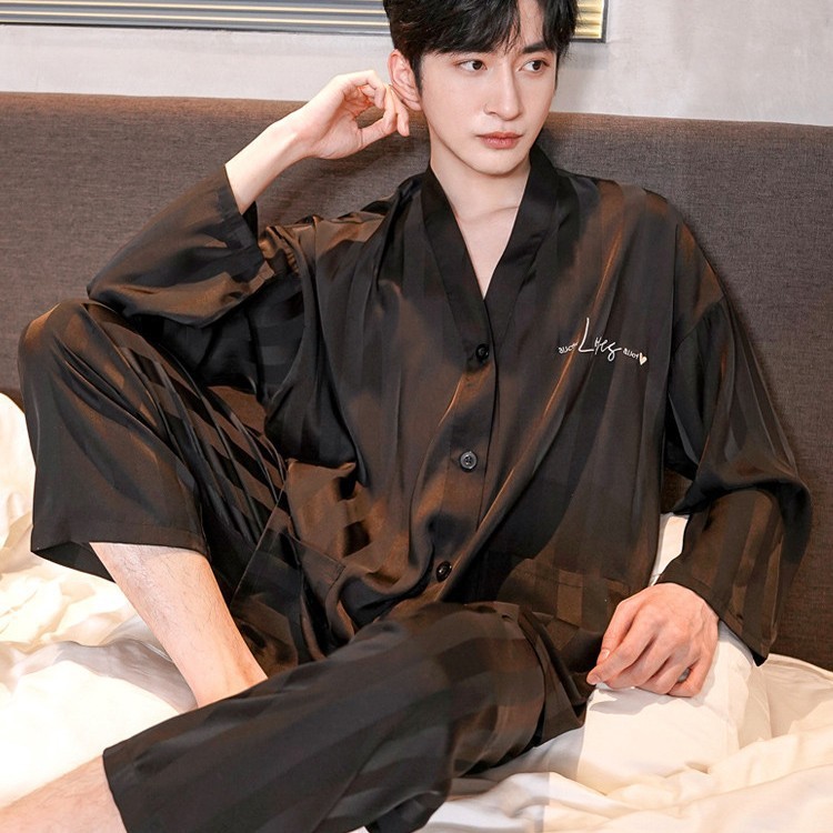 2025新款夏季睡衣男士桑蚕丝春秋季长袖薄款真丝丝绸套装家居服|undefined