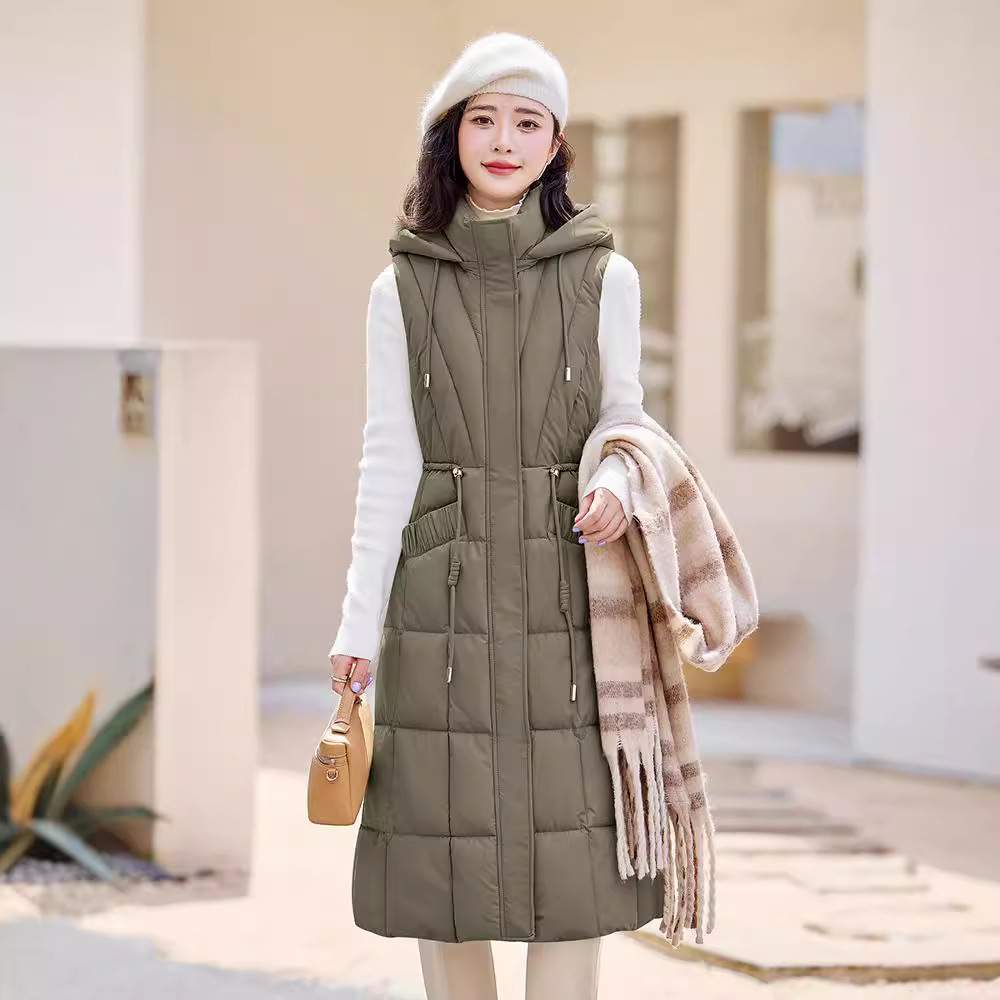 Alergar el chaleco de algodón sobre la rodilla para mujeres 2024 otoño y invierno nuevo chaleco de hombro de cintura de moda versátil abrigo grueso de moda