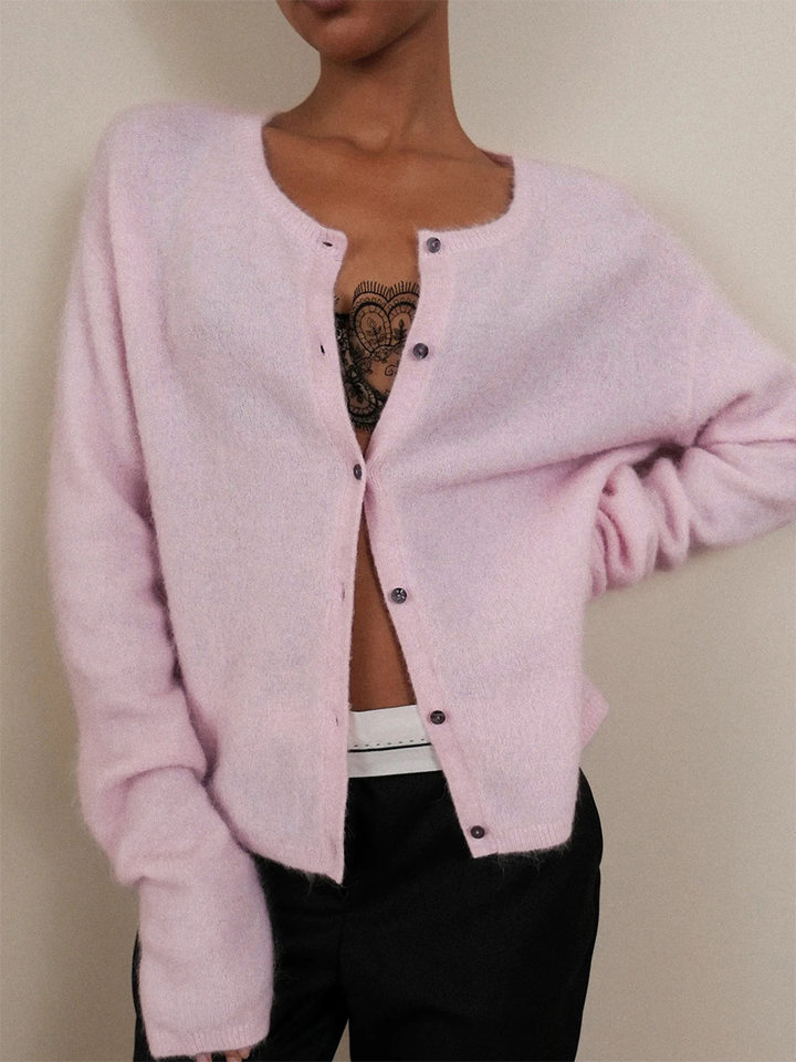 Áo cardigan len nữ cổ tròn dáng rộng cài khuy một hàng, dài tay, phong cách thanh lịch — Màu trắng, Xanh bạc hà, màu xám chi tiết 12