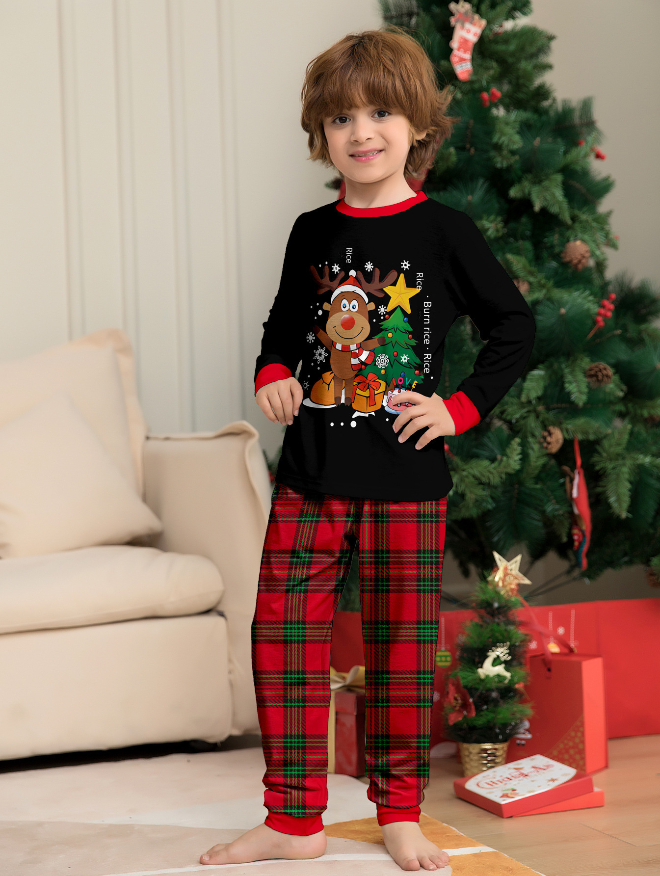 Amazon AliExpress 2024 Christmas cartoon elk letter Christmas tree printing parent-child Christmas suit pajamas