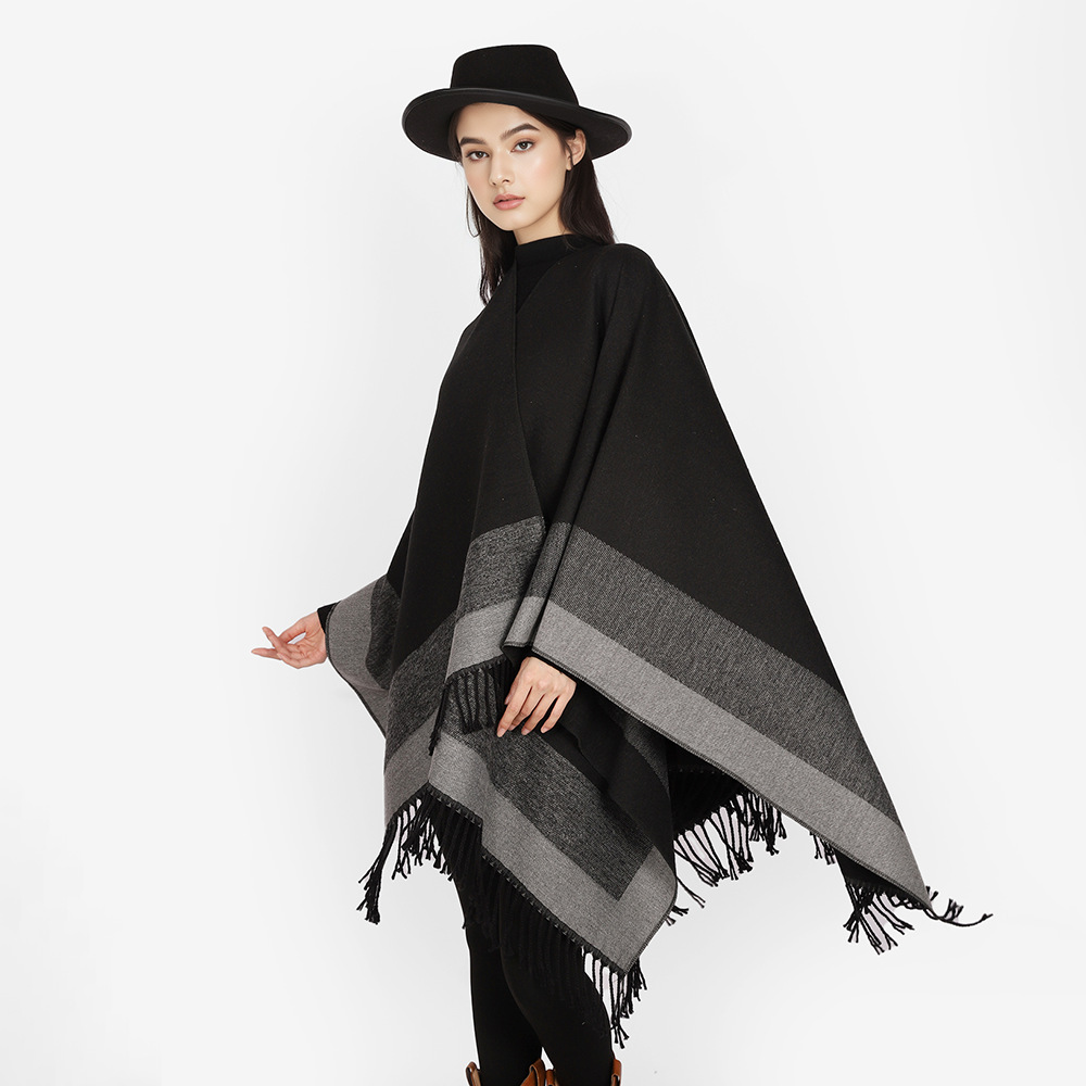 Nuevo chal de hilo hilado con núcleo comercio exterior femenino chal de otoño e invierno bufanda con flecos al por mayor capa de todo fósforo a rayas clásicas de doble uso