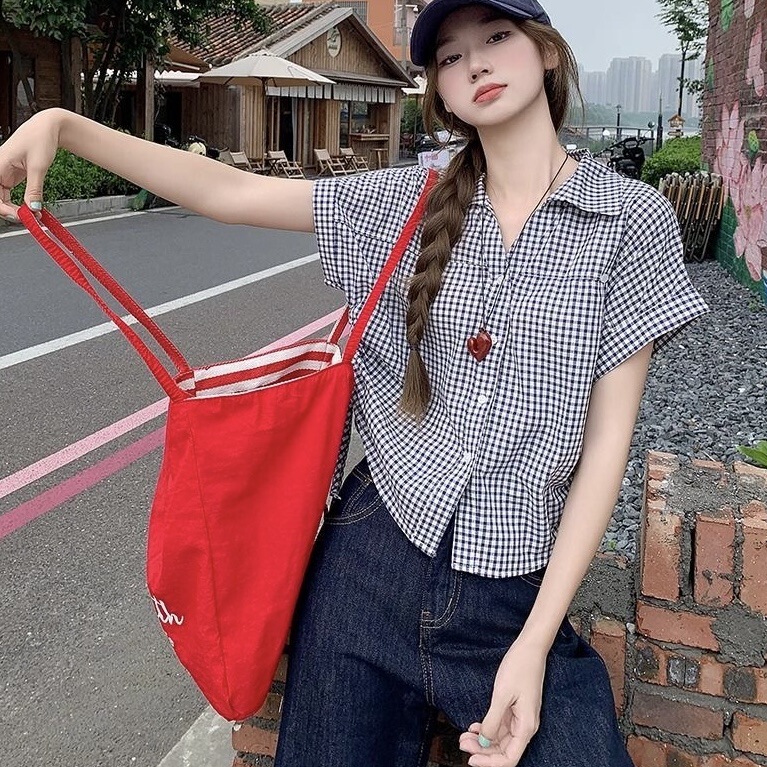 Academy-Style Plaid Button-Down Polo Collar Short-Sleeve Shirt for Women, Summer Chic Drawstring Loose Cardigan with Small Flutter Sleeves