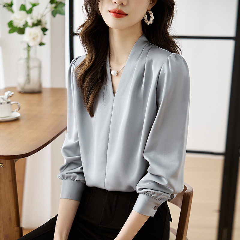 Carefully Selected High-End Simple Shirts for Women with Spring Elegant V Neck Light Mature Style Work Clothing Acetate Satin Chiffon Tops