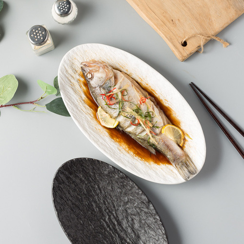 Restaurant hotel Japanese rock texture oval fish plate large household braised steamed fish plate light luxury western food plate tableware
