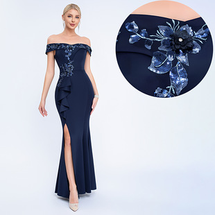 Foreign trade cross-border 3D three-dimensional rose embroidery mesh sequins socialite temperament dress dress banquet evening dress