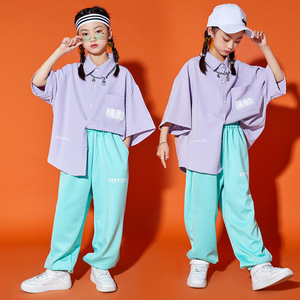 Girls purple blue dance outfit hip-hop jazz dance costumes uniform shirt wet suit children personality shows costumes loose