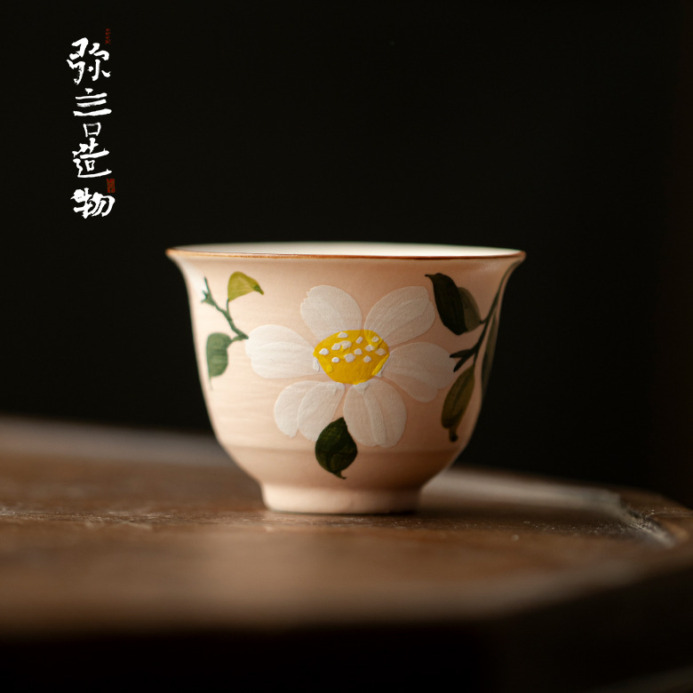弥言粉引手绘山茶壶品茗杯家用陶瓷喝茶杯子高颜值女士主人杯单杯