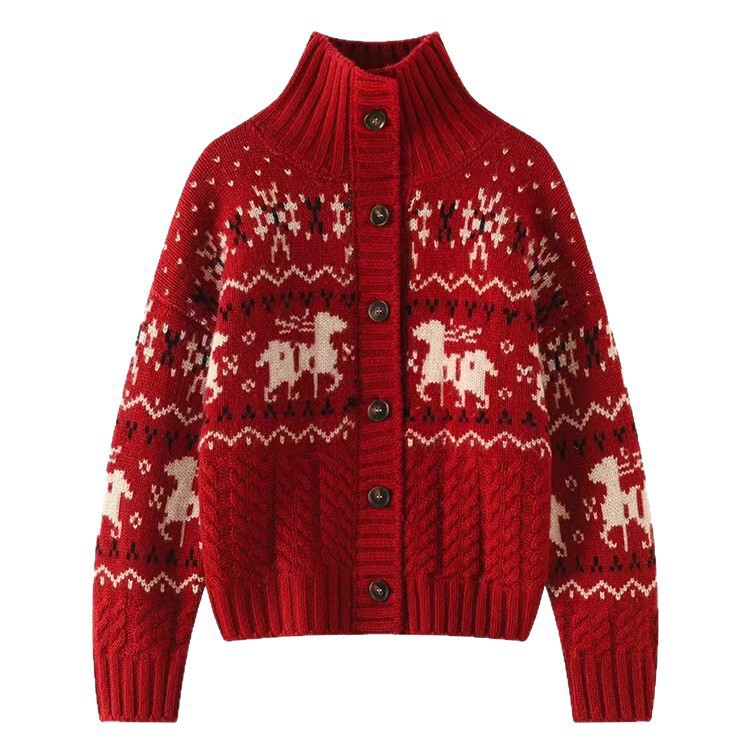 Heavyweight 870g Cashmere Cardigan for Women, Autumn and Winter Fair Isle Jacquard Christmas Deer Stand-Up Collar Knit Sweater Coat