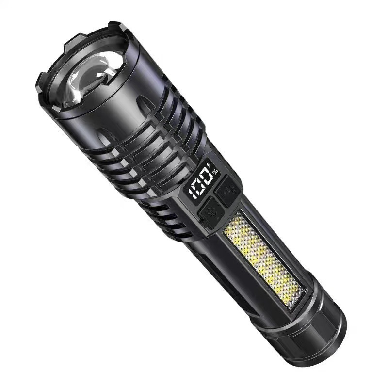新しい強光懐中電灯USB充電超明るい屋外遠射ズームLEDサイドライト付きデジタルtype-c急速充電|undefined
