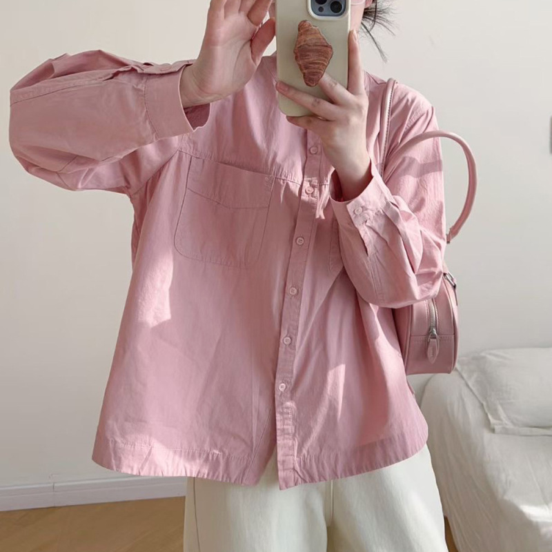宽松大码纯色气质圆领双口袋净色衬衫女春秋新款通勤上衣衬衣女|undefined