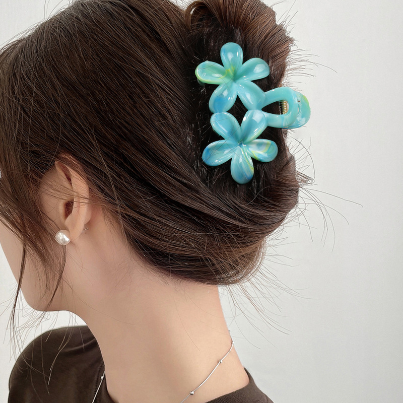 大理石のダブルフラワープルメリアグリッパー甘い後頭部ヘアピンサメクリップヘアアクセサリー頭飾り卸売|undefined