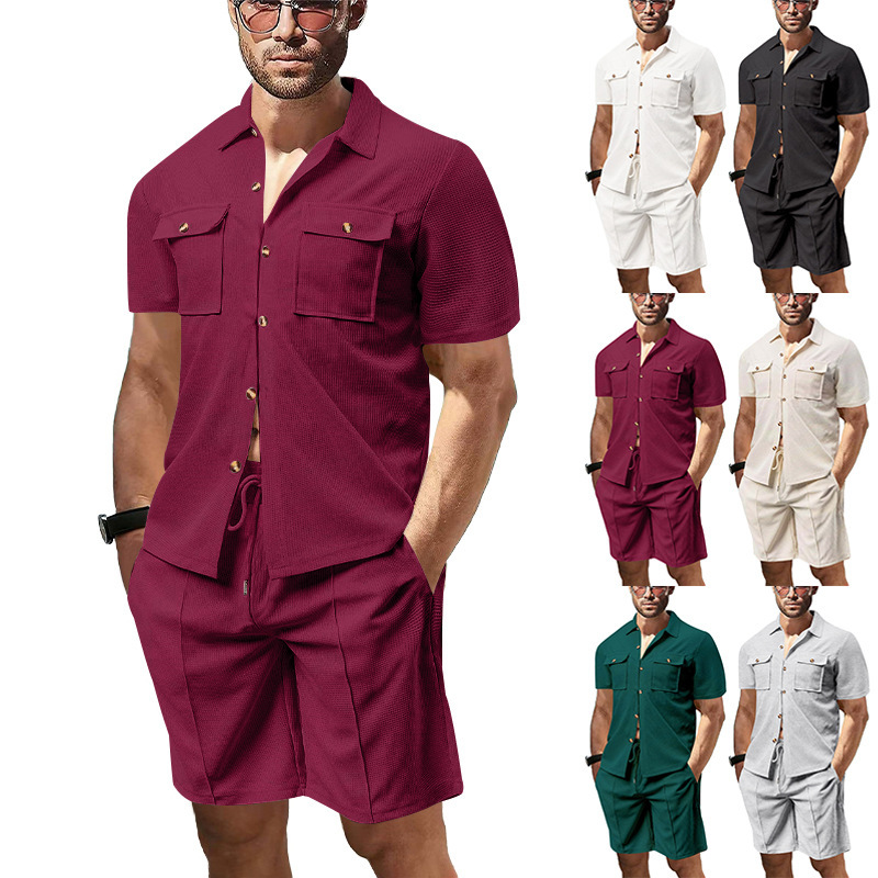 Herren Waffelstoff Set Kurzarm Hemd Und Shorts Für Den Sommer_voghion.com