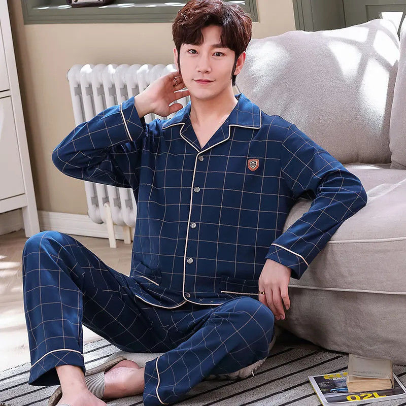 100% pijamas de algodón para hombres de verano de manga larga y corta para hombres delgados jóvenes y de mediana edad más el tamaño de primavera y otoño traje de uso en el hogar