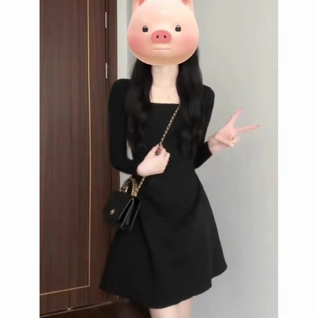 헵번 프랑스 스타일 블랙 스퀘어 칼라 긴 소매 원피스 슬림 새로운 도착 작은 허리 검은 치마