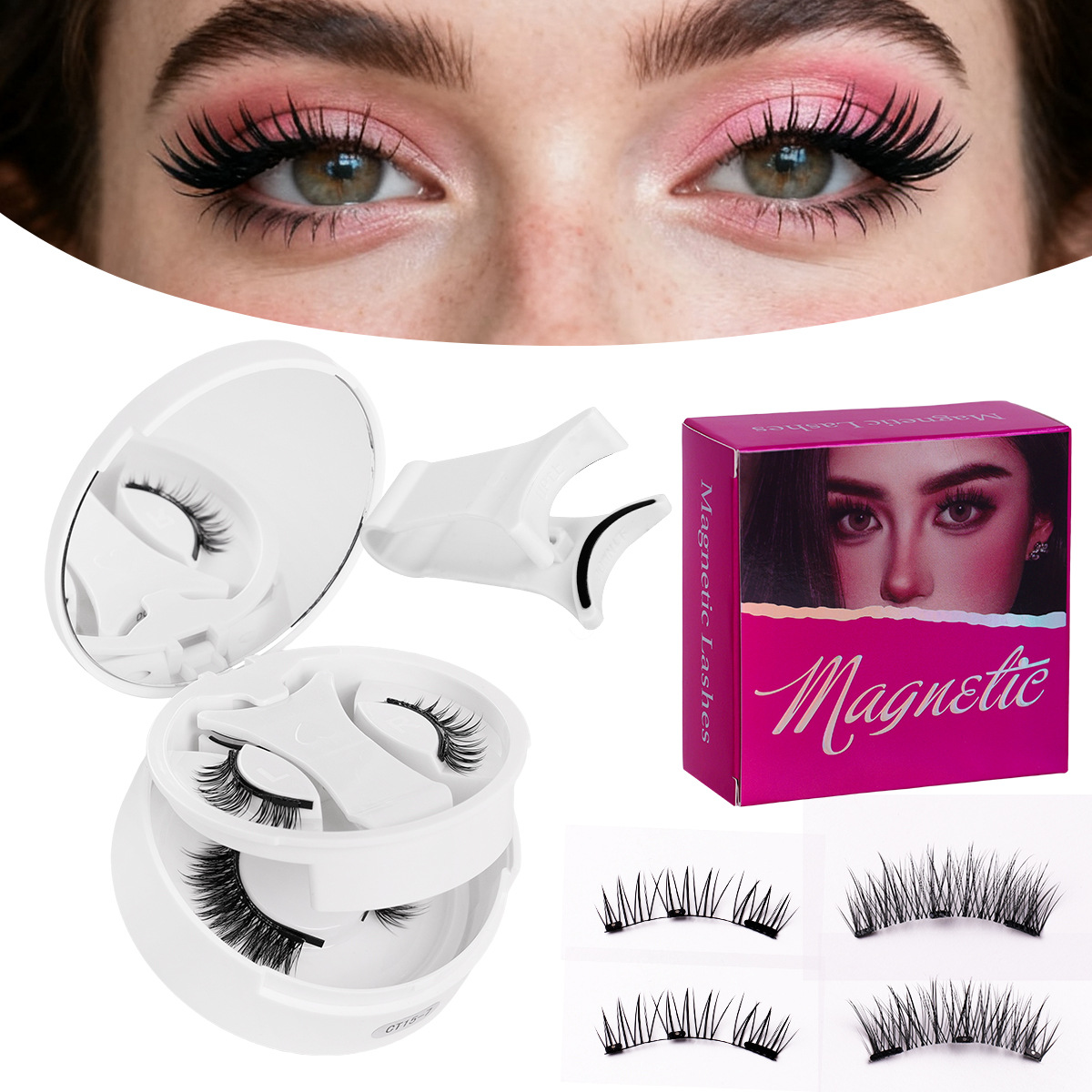 Juego de pestañas magnéticas Pingdu de 2 pares en una caja, estilo europeo y americano de Amazon, juego de pestañas postizas gruesas y rígidas, venta al por mayor magnética.