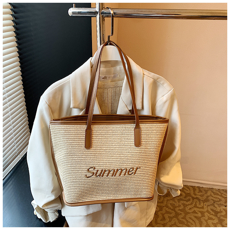 Straw woven letter large-capacity bag 2025 single-shoulder large bag for women, new beach woven summer Korean-style tote bag undefined