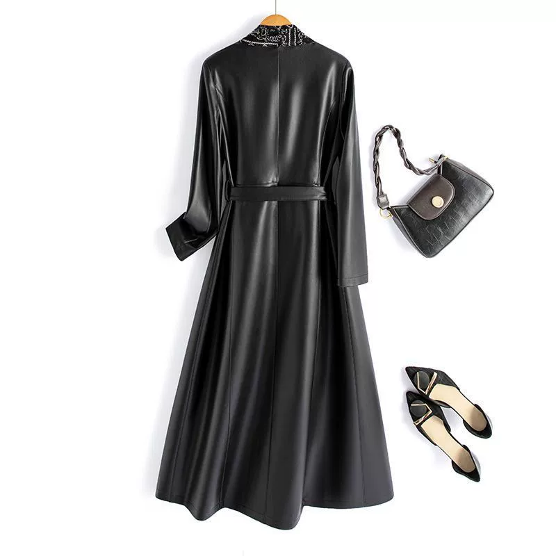 T8Y кожаное пальто из натуральной кожи женский длинный костюм шарф воротник поддельные два кожаных плафона пальто с шнуром на талию кожаное пальто осень