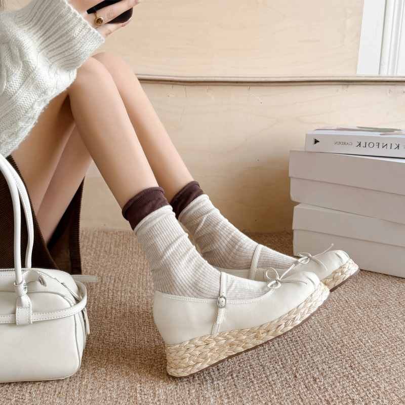 New Spring and Autumn Mary Jane Shoes for Women, Wedge Heel, Thick Sole, Shallow Mouth, Bowknot, Single Strap, Round Toe, Espadrille Shoes
