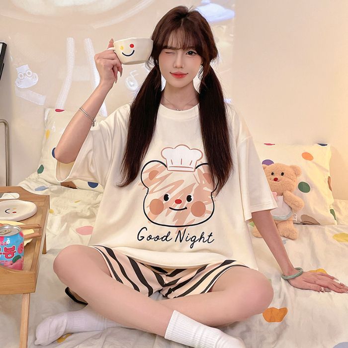 Venta al por mayor transfronteriza nuevos pijamas mujeres verano imitación algodón jersey pantalones cortos de manga corta lindo cachorro traje de servicio a domicilio de dibujos animados