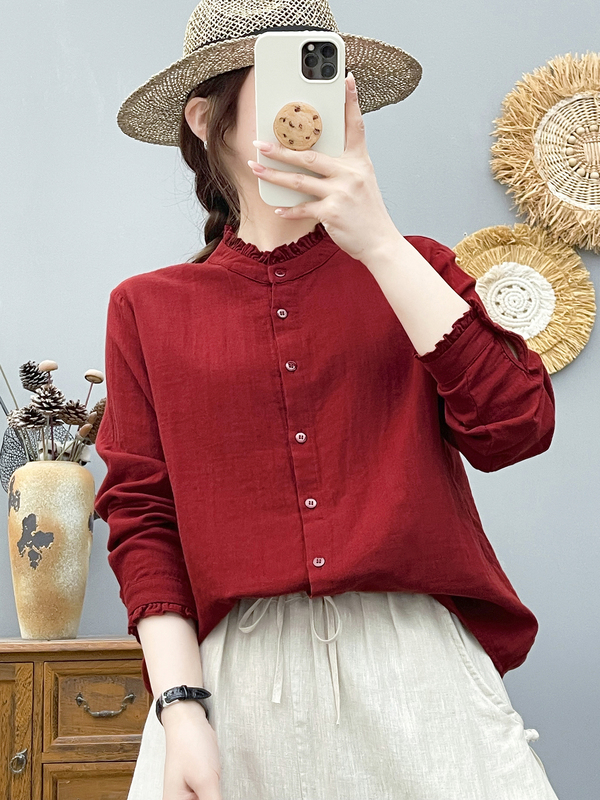 French-Style Artistic Lace Collar Double-Layer Cotton Gauze Shirt for Women, Long-Sleeved, Soft, Skin-Friendly, Breathable, Pure Cotton Base Shirt