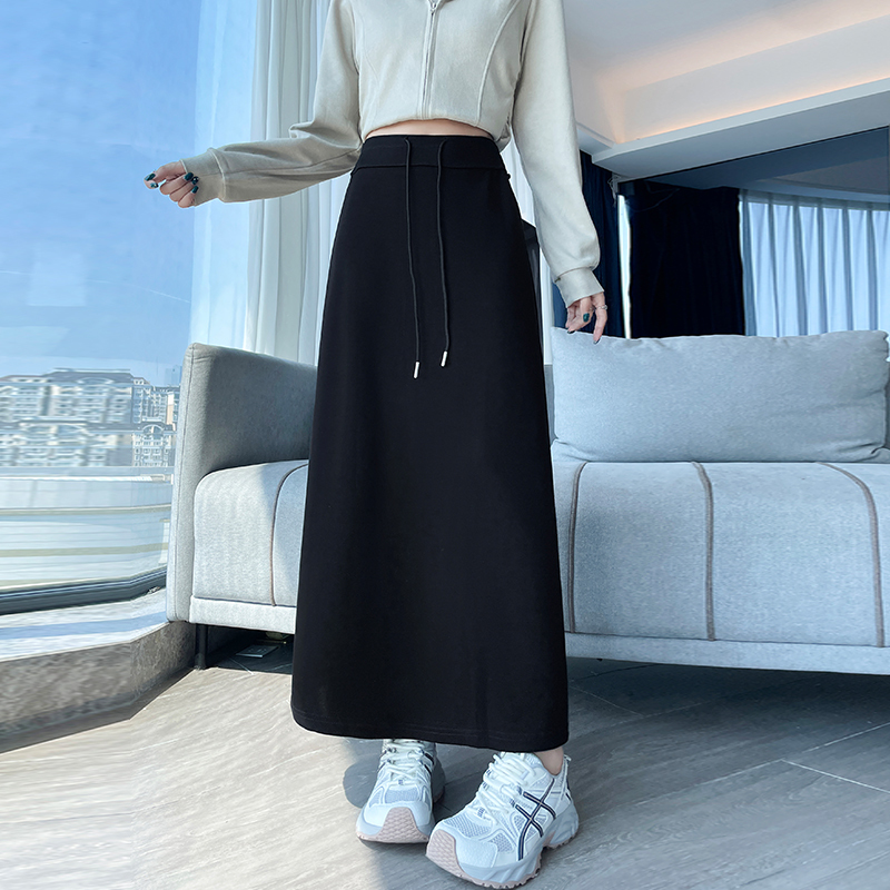 藏青色空气棉半身裙女秋季抽绳时尚后开叉包臀裙修身一步直筒卫裙|undefined